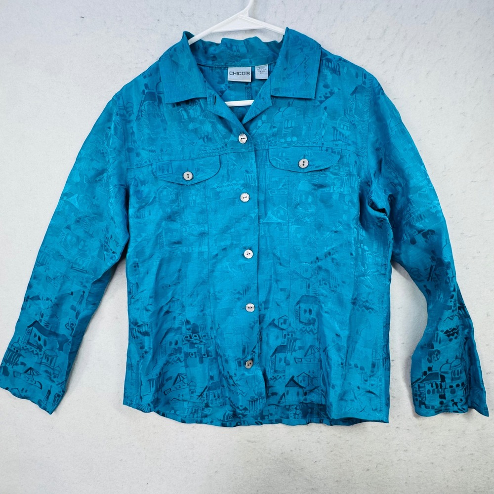 Chico's 1 Button Up Shirt Womens Size Medium Teal Linen Silk Blend Travel
